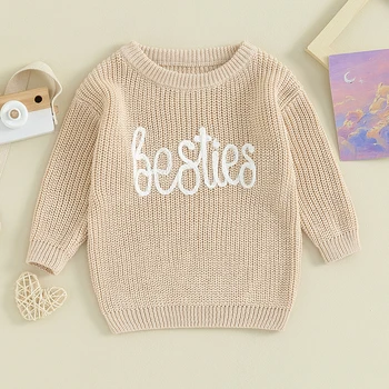 Бебе бебе момиче буци плетени пуловер писмо бродерия Crewneck хлабав трикотажен пуловер суитчър есен зимни дрехи
