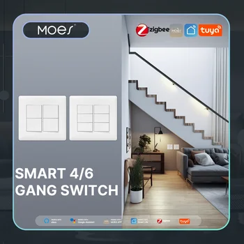 MOES Tuya 4/6 Gang Zigbee Smart Wall Light Switch Fireproof Neutral Required Push Button Remote Control Работа с Alexa Google