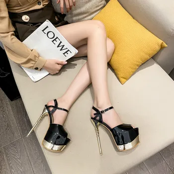 Дамски сандали на високи токчета 17см секси стриптизьорка парти помпи обувки жени гладиатор платформа обувки бонбони цвят сандали