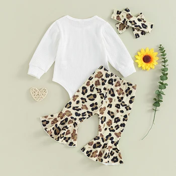 Малко дете бебе момиче екипировки новородено бебе есен дрехи сладък дълъг ръкав гащеризон върховете леопард flare панталони лента за глава комплект