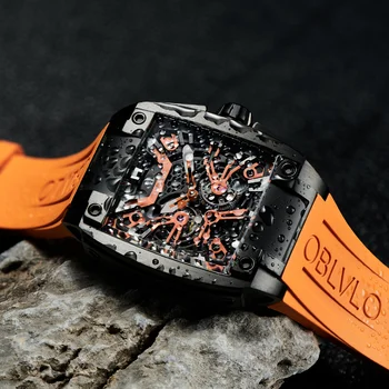 OBLVLO Луксозен мъжки автоматичен механичен часовник супер светещ скелет от неръждаема стомана случай гумена каишка стъкло водоустойчив спорт GM