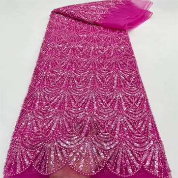  Луксозни мъниста тръба африкански дантела плат 2023 Висококачествена бродерия тюл вечерни рокли за жени модни тъкани Шиене 5 Y