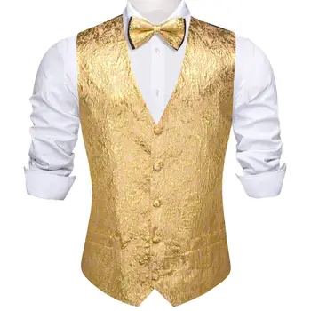 Дизайнерска жилетка за мъже Копринен блясък злато жълт твърд обикновен жилетка папийонка комплект сватбено парти официално яке без ръкави Бари Уанг