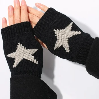 Зимни тъчскрийн плетени ръкавици Дамски мъжки звезден печат топла вълна участък плетени ръкавици имитация вълна половин пръст без пръсти