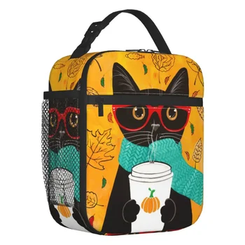  черна котка изолирана чанта за обяд за жени Непропусклива есенна тиква кафе термичен охладител обяд бокс офис работа училище