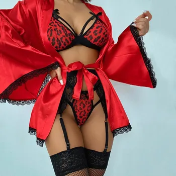 Японски червено петно кимоно халати секси дамски пижама халат прозрачен къса дантела спален рокля дълъг ръкав дами Peignoir