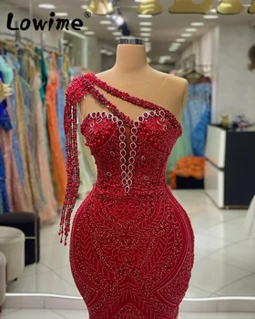 2023 Най-новите червени мъниста пискюл червени парти рокли Жена елегантни вечерни рокли персонализирате русалка кристал официални рокли повод