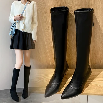 Нова мода нисък ток дами модерни западни ботуши есен пролет заострени пръсти дълги жени коляното високи ботуши женски помпи обувки