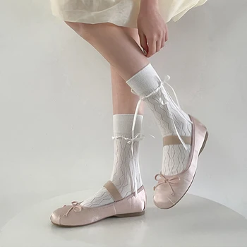 Жени Сладурана Lolita момичета Harajuku бял черен къс крак чорапи JK японски стил Kawaii училище лък превръзка високи дълги чорапи
