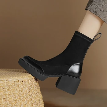 NEW Есенни дамски ботуши Stretch Fabric обувки за жени Кръгли пръсти буци петата ботуши за жени черна платформа ботуши сапоги женские