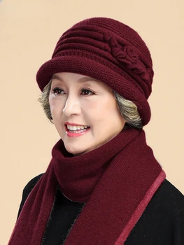Шапка за жени на средна възраст и възрастни жени, зимна удебелена и топла, стара дама и баба плетена вълнена шапка шал комплект