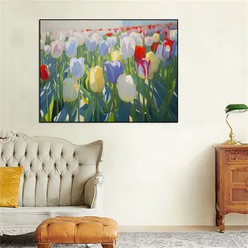 Поле на лалетата Плакати за цветя Принтове Пролетни флорални естетически картини Картини за стена за хол Декорация на дома