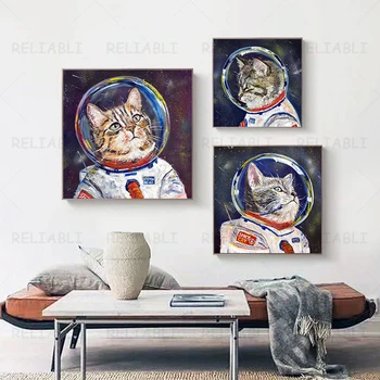 Абстрактен Котка астронавт платно живопис смешно коте плакати и отпечатъци за детска стая хол дома декор детска стая стена изкуство