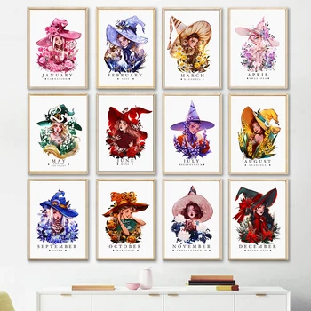 The Witchy Glamour плакати и отпечатъци дванадесет месеца карикатура платно живопис модерни картини стена изкуство за момичета стая домашен декор