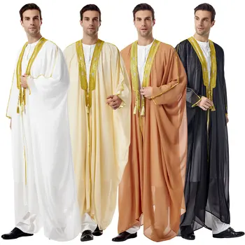Мюсюлманска мъжка роба Златен пискюл шифон Арабски Abayas бродирани Дубай кимоно дълъг ръкав връхни дрехи Qamis Homme Jubba Thobe