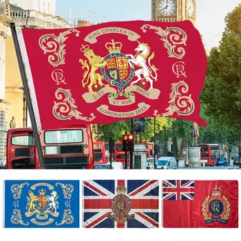 Крал Чарлз 3-ти коронационен флаг 90x150cm/3x5ft декорации банер Негово Величество крал Чарлз III Висящи знамена за празнуване на краля