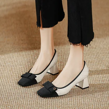 5CM дамски обувки нови ретро квадратни пръсти буци токчета дизайнер жени помпи приплъзване плитки секси дамски обувки Zapatillas Mujer