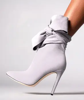 Рокля кожа дизайн заострени пръсти папийонка ботуши жени глезена велур стилет висок ток ботуши мода дамски обувки 2024