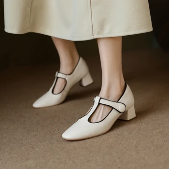Дамски обувки Мери Джейнс мода висок клас овча кожа квадратни пръсти дебел петата единични обувки средата петата френски стил високи токчета