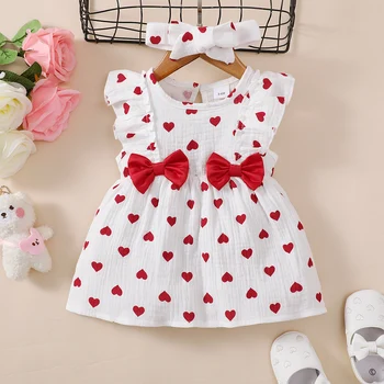 hibobi 2-парче бебе момиче чист памук allover сърцето модел Bowknot декор рокля без ръкави & Headwrap