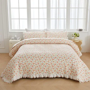 Ruffles стил памук юрган комплект 3бр ватирани покривка за легло на спално бельо флорални покривка пухени прошиващи одеяло подплънки легло покритие