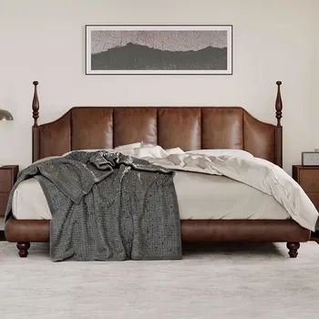 френски реколта естествена кожа легло модерен висока кутия съхранение двойно легло Qin ключ облегалка за глава малка единица 1.8m двойно легло тип Кинг