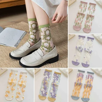 Ултра-тънки японски корейски мода жакард жени лято готино творчески флорални прозрачни тенденция печат ултратънки стъклени копринени чорапи