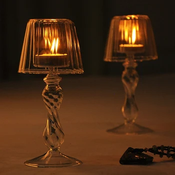 ежедневна употреба Настолна лампа реколта метални свещници свещници стъкло сватба дома ретро прозрачен бронзов държач за чаена светлина